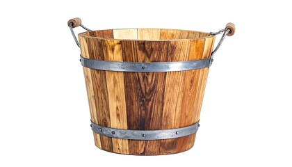 Rustic Wooden Bucket with Metal Bands and Handles.