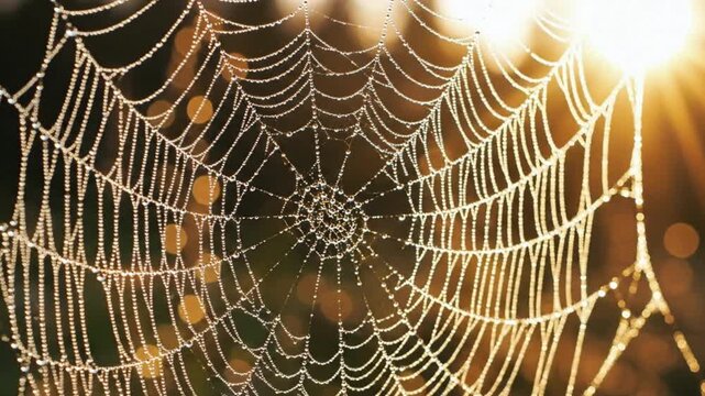Macro Close-Up of Spider Web Illuminated by Sunrise with Glowing Strands and Cinematic Forest Background