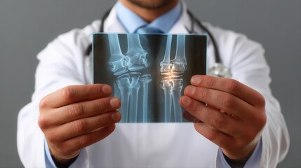 Doctor analyzing knee x-ray with highlighted fracture area