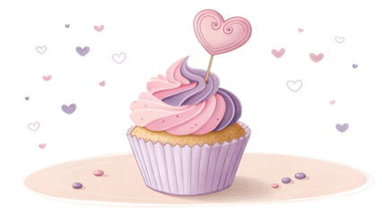 Valentine's Day Cupcake with Heart Topper Watercolor Illustration valentine, cupcake, heart, frosting, pink, purple, swirl, dessert, sweet, bakery, treat, love, romantic, topping, sprinkle, muffin,