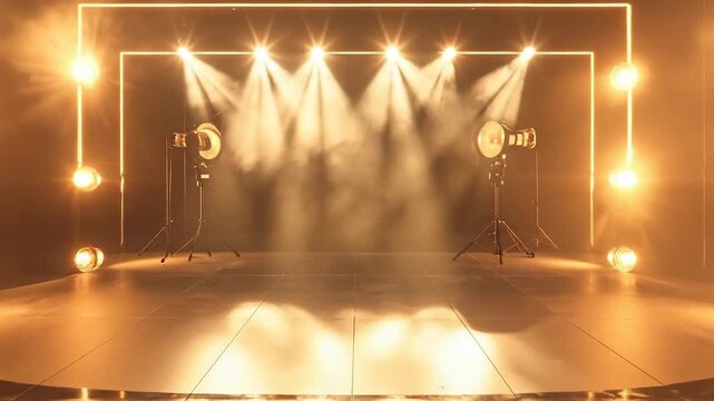Illuminated stage setup with professional lighting equipment and glowing square frames for presentations.