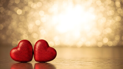 Fototapeta premium Two red hearts on a reflective surface with a bright golden background