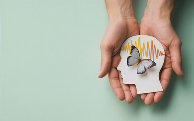 Hands holding encephalography brain paper cutout with a butterfly. Epilepsy, alzheimer awareness, seizure disorder,  mental health concept