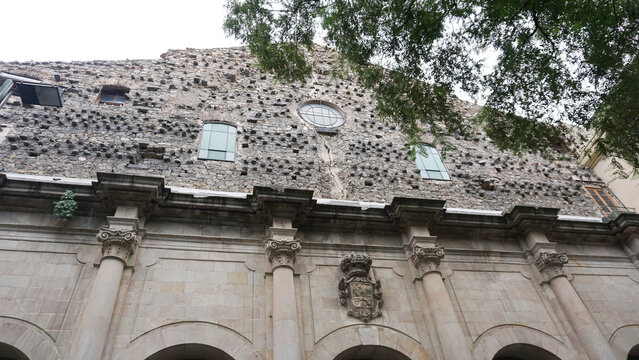 View of The church of San Agustin. Is a Catholic temple located in the El Raval in Barcelona on the Placa de Sant Agusti street in historical center.
