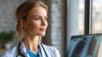 Female doctor analyzing lung X-ray in modern medical office