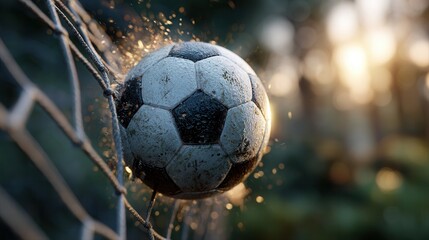 Soccer ball flying into goal net with dramatic sparks