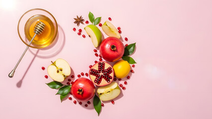 Fresh apples and honey arranged on a pink background with spices and fruit slices