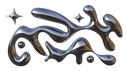 3D Chrome Liquid Fluid Abstract Metallic Shapes with Star Elements on Transparent Background for...