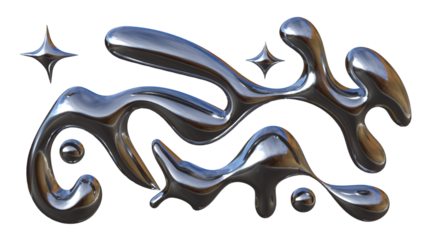 3D Chrome Liquid Fluid Abstract Metallic Shapes with Star Elements on Transparent Background for Futuristic Brutalist Modern Illustration