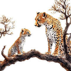 Obraz premium Leopard Mother Grooming Cub, clipart watercolor vector with vivid accents and harmonious tones, isolated on a white background.