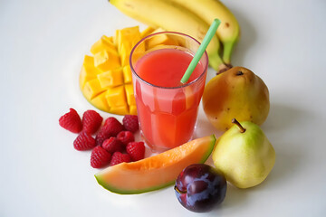 Fruit drink with berries and citrus on bright background. Beverage and food concept for advertising and branding.