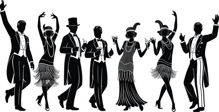 Elegant roaring twenties dance party silhouette, glamorous men and women in vintage flapper dresses and tuxedos celebrating jazz age ballroom nightlife in retro style
