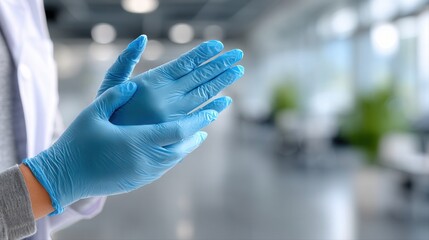 Healthcare professional wearing blue latex gloves in modern medical setting