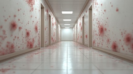 Surreal corridor with red stains on walls, symbolic of decay and neglect in an empty, eerie environment emphasizing isolation and abandonment