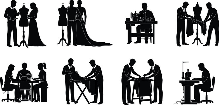 Tailoring workshop silhouettes set, fashion designers sewing and fitting clothes, professional atelier scenes for garment industry, isolated black vector illustration collection
