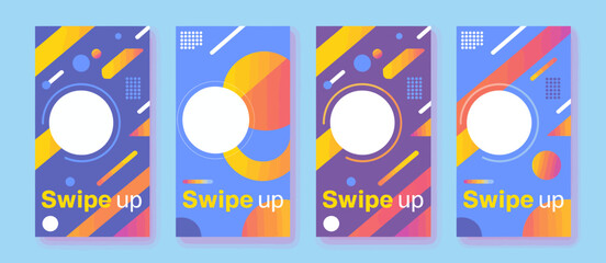 A collection of four vibrant swipe-up templates designed for social media, incorporating bold colors and geometric shapes to engage viewers and encourage interaction.