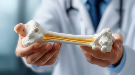 Doctor holding human bone model with visible marrow