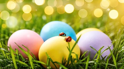 Colorful easter eggs in vibrant green grass with bokeh lights - Powered by Adobe
