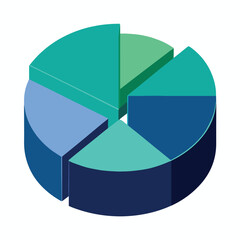 A vibrant three dimensional pie chart displaying proportional data segments in varying shades of blue and green