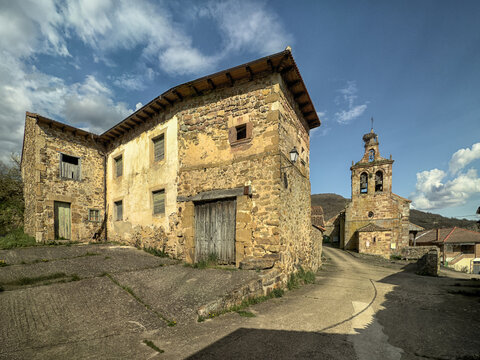 Historic Santiago Apostol Church in Verga?o with stone bell tower