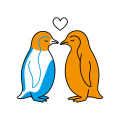 A heartwarming illustration of two adorable penguins sharing a loving moment with a heart.