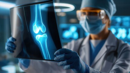 Medical professional examining knee x-ray in modern hospital