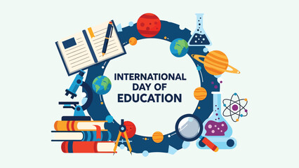 International Day of Education background with science tools, notebooks, compass, and planets, modern flat vector illustration celebrating curiosity, discovery, and lifelong learning