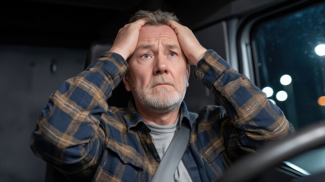Man in truck feeling stressed and overwhelmed while driving at night, holding his head in concern with a worried expression in a modern vehicle cabin