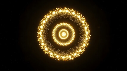 Hypnotic glowing golden rings of light particles form abstract concentric circles on black