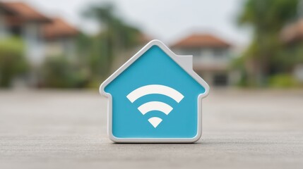Wifi symbol inside house icon representing modern technology, connectivity, and smart home solutions in an outdoor setting with blurred background