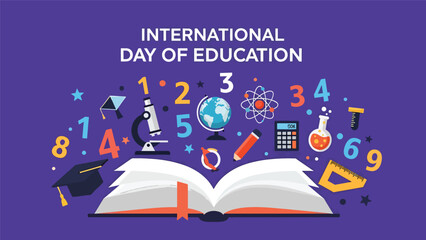 International Day of Education poster with open book and floating education icons, numbers, and stars, playful flat vector design celebrating creativity and knowledge development