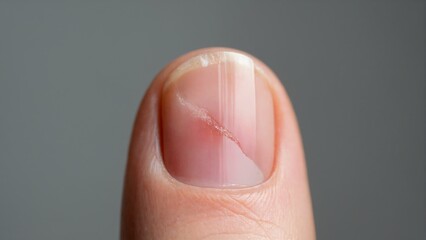 Macro view of fingernail with deep vertical crack and split surface