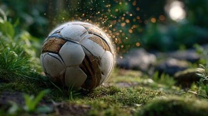 Golden soccer ball on lush green grass with sparkles