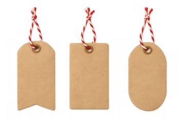 Kraft paper blank gift tags set with red and white string, isolated on transparent background, for pricing and labeling