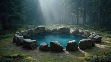 Serene Natural Pool Surrounded by Majestic Rocks and Lush Green Forest, Rays of Sunlight Filtering Through Trees in a Peaceful Environment