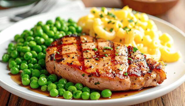 Grilled ham steak with peas and mac and cheese, closeup. AI