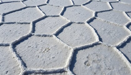 Obraz premium Salt Flats Hexagonal Pattern White Crust Ground Texture Salar de Uyuni Natural Geometric Mineral Surface for Travel and Environmental Background