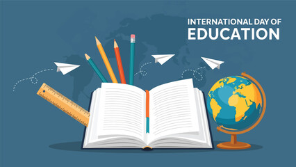 International Day of Education illustration showing globe rising from open book with learning icons and plants, flat vector design symbolizing growth through education worldwide.