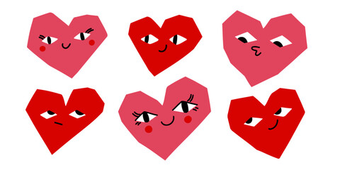 Cute set of expressive cartoon hearts with faces