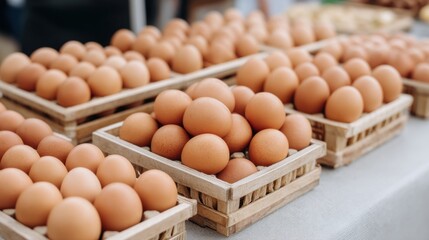 Fresh Organic Brown Eggs Displayed in Wooden Baskets at a Local Farm Market Stall During a Bright and Sunny Day