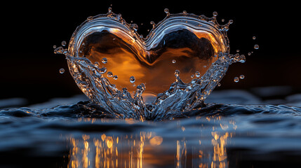 Heart-shaped water splash with orange glow against black background, frozen motion capturing romantic love concept