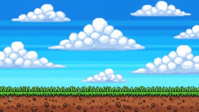 Pixel Meadow Dreams Serene Blue Sky and White Clouds Landscape.