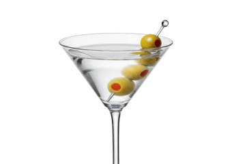 Classic dry martini cocktail, clear, pale, in a delicate V-glass with three green pimento olives and subtle condensation, on a white background. Concept of luxurious refreshment