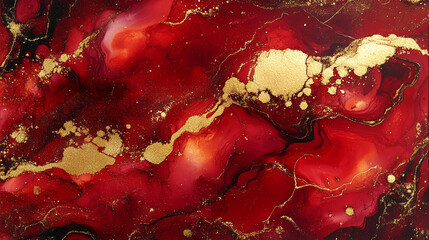 Abstract red and gold alcohol ink background with flowing textures and marbled patterns, creating a luxurious, vibrant, and artistic visual effect.
