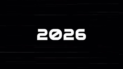 2025 to 2026 New Year holiday animation. Modern New year 4K resolution animation with glitch effect on black background.