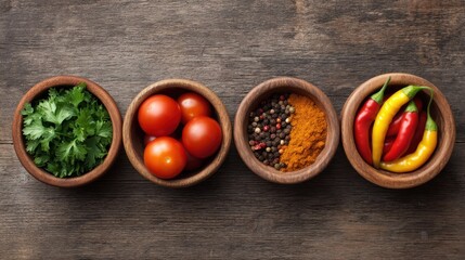 Fresh Ingredients for Cooking: Herbs, Tomatoes, Spices, and Peppers in Rustic Wooden Bowls on Table