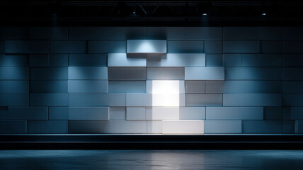 Modern stage with illuminated white rectangular panels on dark blue wall background and empty floor space