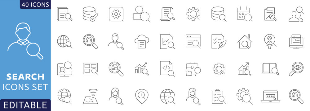 Search icon set. Containing magnifying glass, find, research, SEO, investigate, and more. Fully Editable . Vector illustration.
