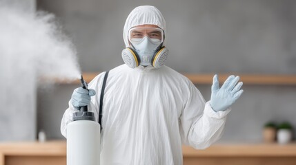 Professional Sanitization Worker in Protective Gear Spraying Disinfectant in Indoor Environment for Health and Safety during Pandemic Response Initiatives