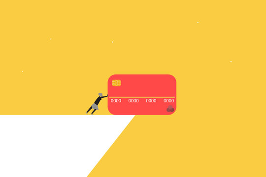 Financial struggle and the heavy burden of debt management in today's economy. Business woman pushing a giant red credit card toward a cliff, symbolizing the effort to overcome financial liabilities 